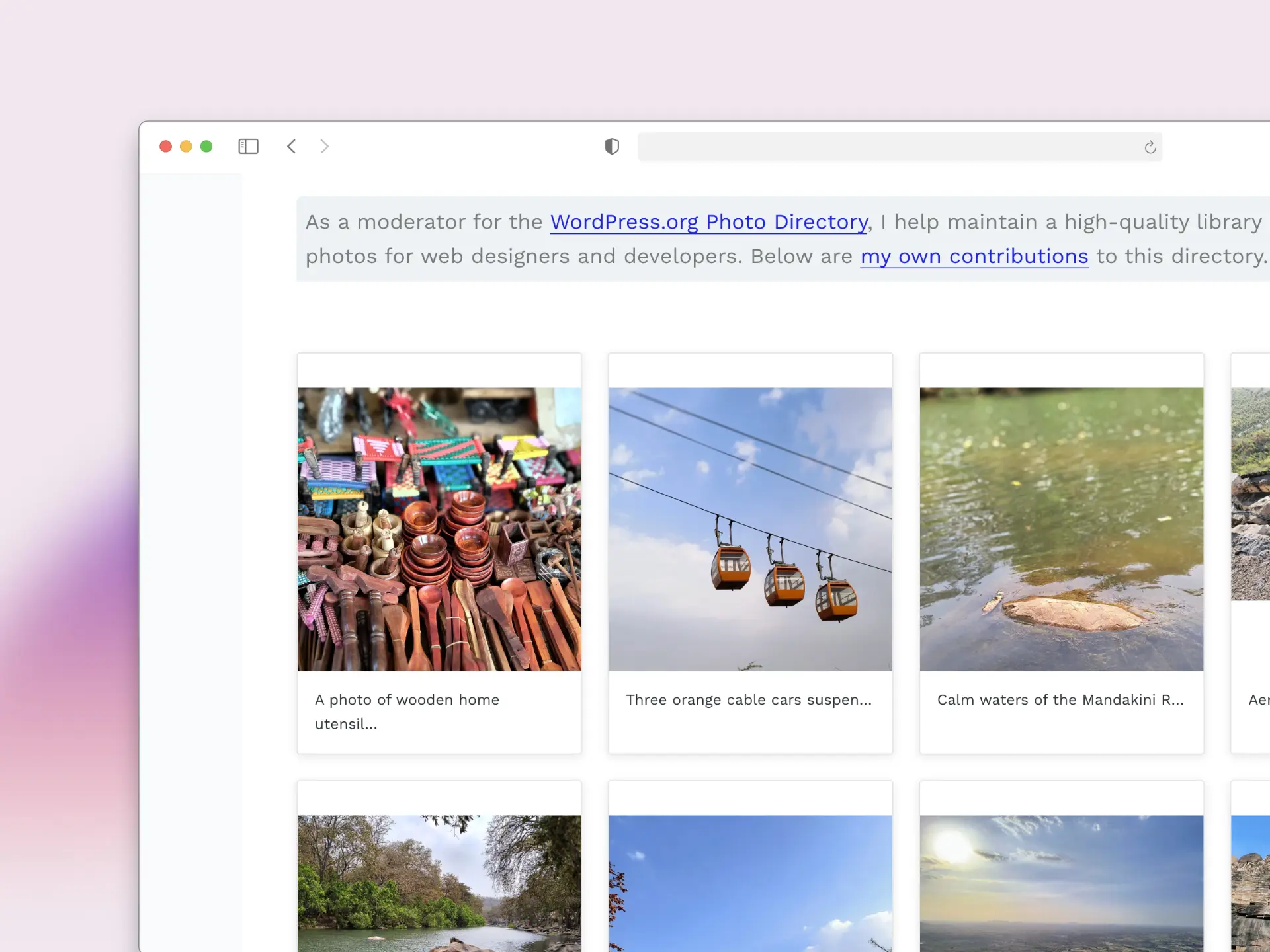 Screenshot of the WP Contributor Photo Gallery plugin demo in WordPress, featuring a responsive grid of photo cards with image thumbnails and captions, visually displaying WordPress.org photo contributions as they would appear on a user’s website.
